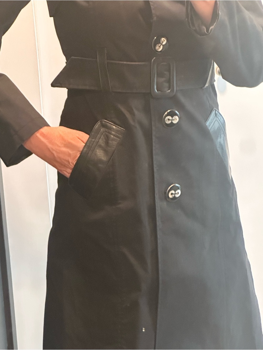 Mackage leather- trimmed belted trench coat. Black. Small